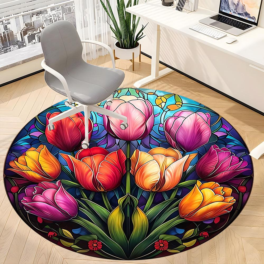 1pc Tulip StainedGlass Office Round Area Rug, Indoor Mat Suitable ForOffice, Under Office Chairs Bedroom Living Room Home Decor, D116