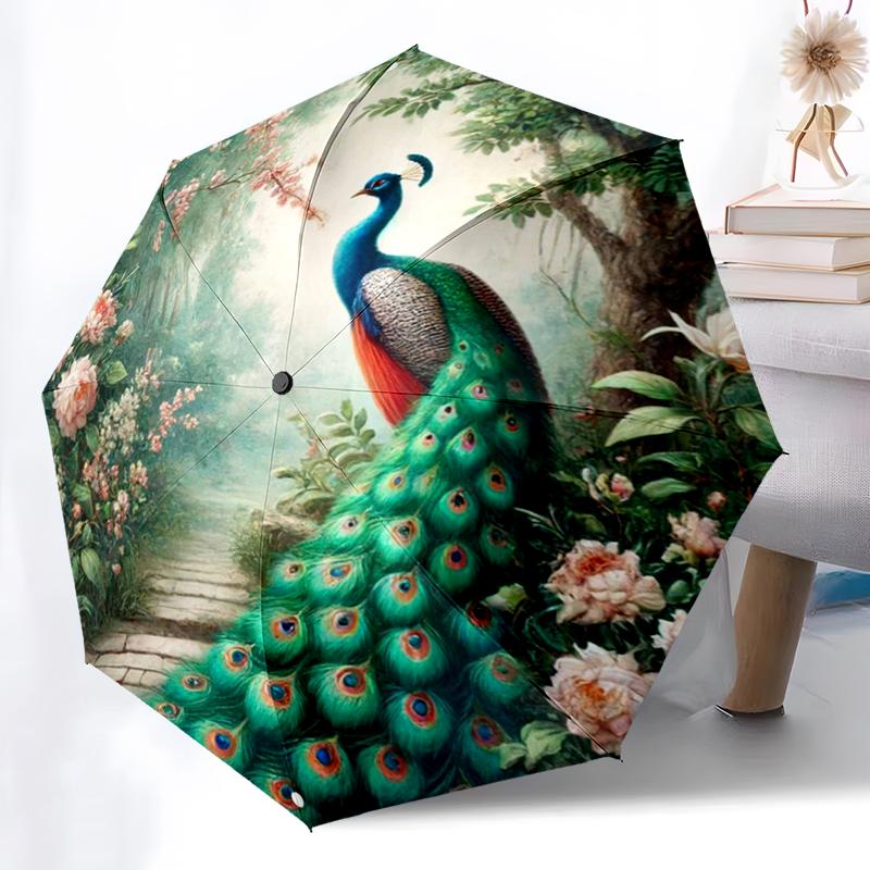 1pc Peacock, feathers pattern Umbrella Portable Folding Umbrella Iron Frame Hole Bone Structure Outdoor Home Umbrella