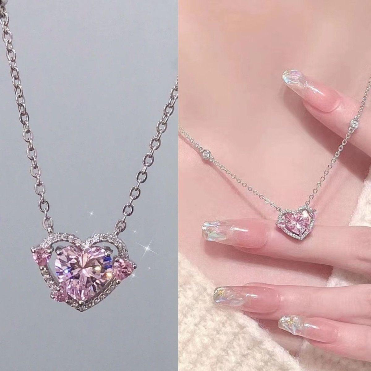 

Korean Pink Crystal Heart Pendant Necklace for Woman Minimalist Jewelry Girl s Neck Chain 2025 New Light Luxury Party Gifts