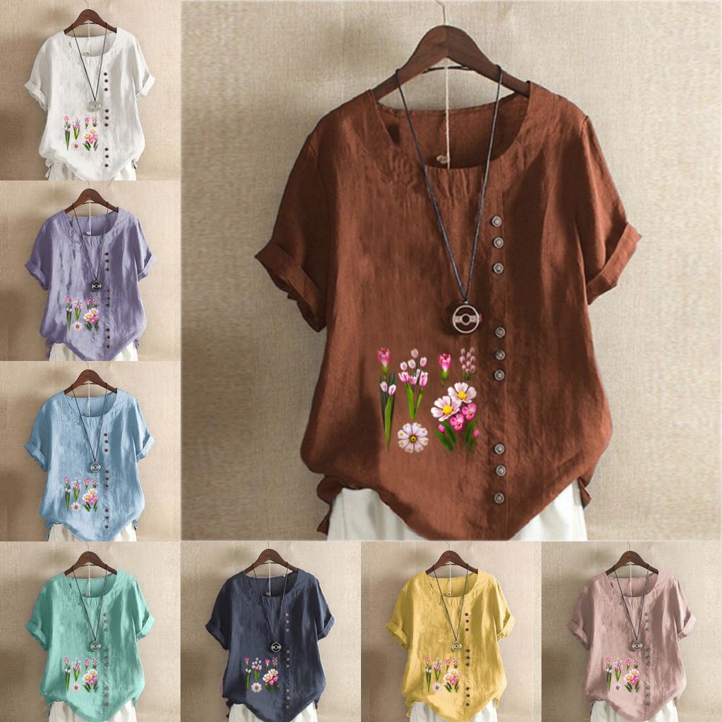 Women's Fashion Flowers Print Short Sleeve T-shirt Loose Cotton Shirt Casual Loose Summer Blouse Tops Plus Size