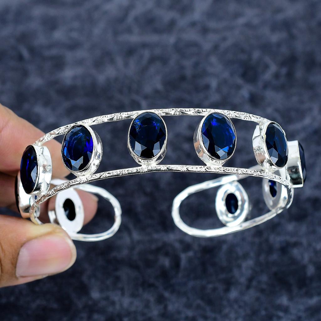 Iolite Quartz Gemstone Handmade 925 Sterling Silver Cuff Bangle Adjustable M-3333