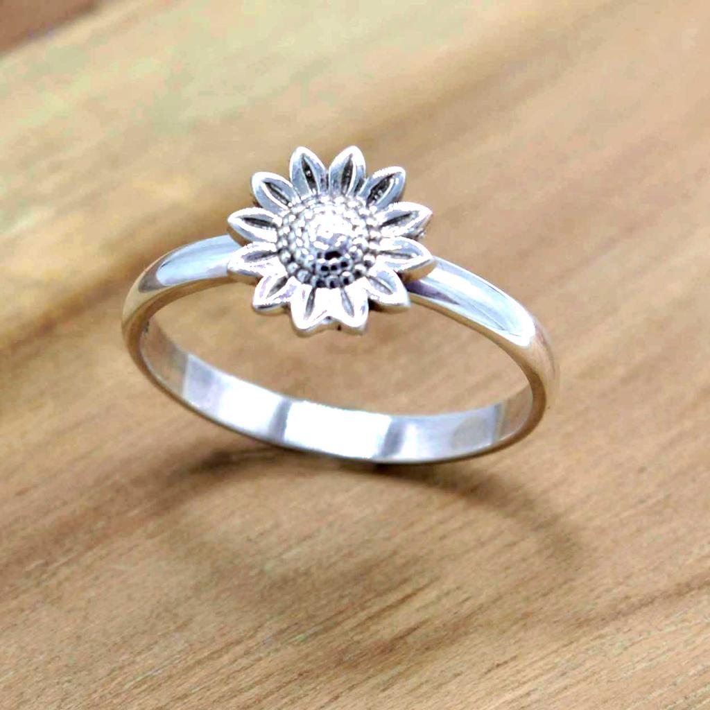 Anillo de plata de ley 925 con girasol, joyería hecha a mano para mujer