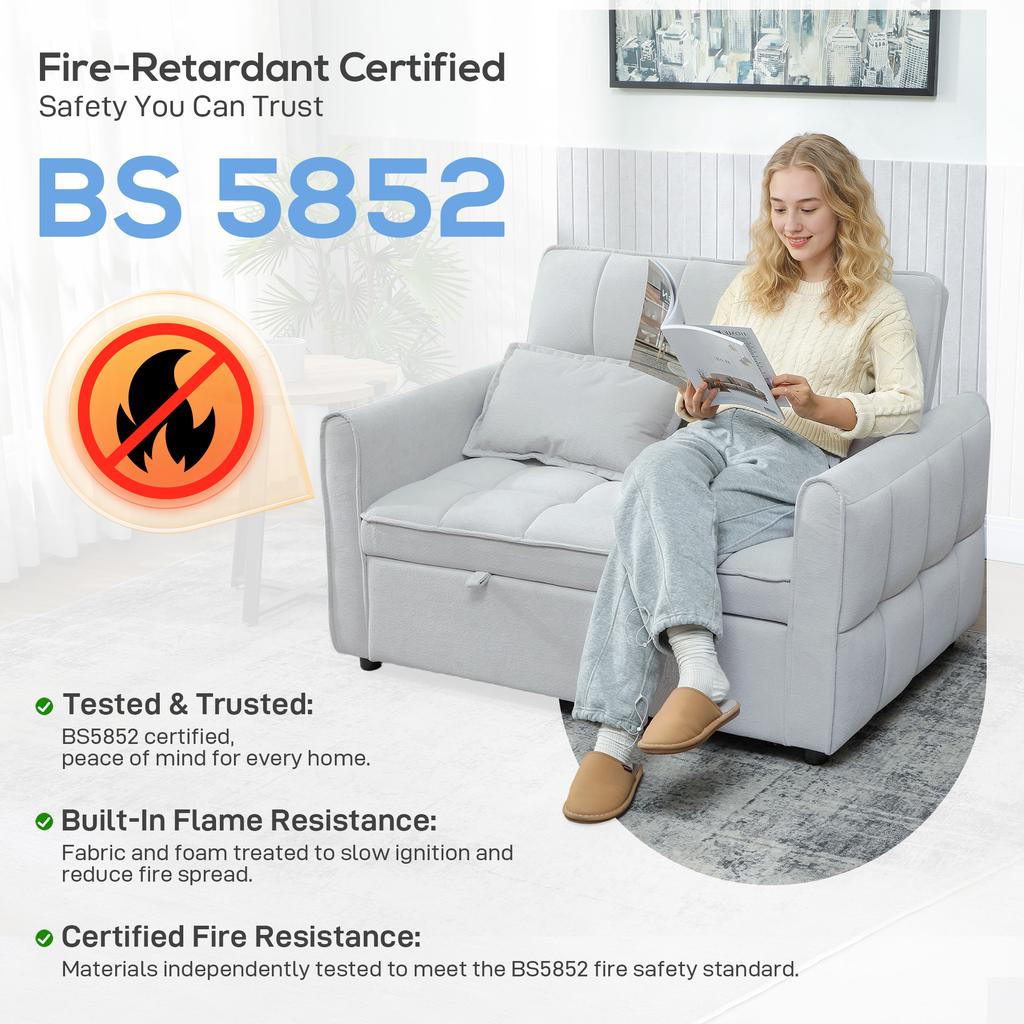2 Seater Sofa Bed, 3-in-1 Convertible Sleeper Sofa with Click-clack Adjustable Backrest and 2 Pillows, Light Grey
