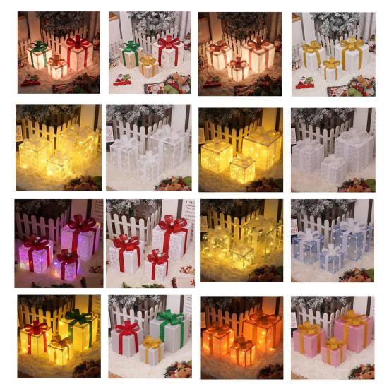 3 Stück Weihnachtsgeschenkboxen mit Beleuchtung und Schleife LED Leuchtende Geschenkboxen für Innen- und Außenbereich Zuhause Veranda Weihnachtsbaum Partydeko
