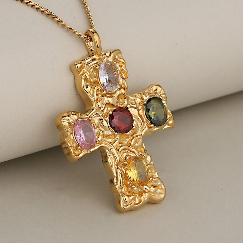 Colorful Crystal Zirconium Pendant Necklaces Hammered Necklace Fashion Cross Necklace  Women Men