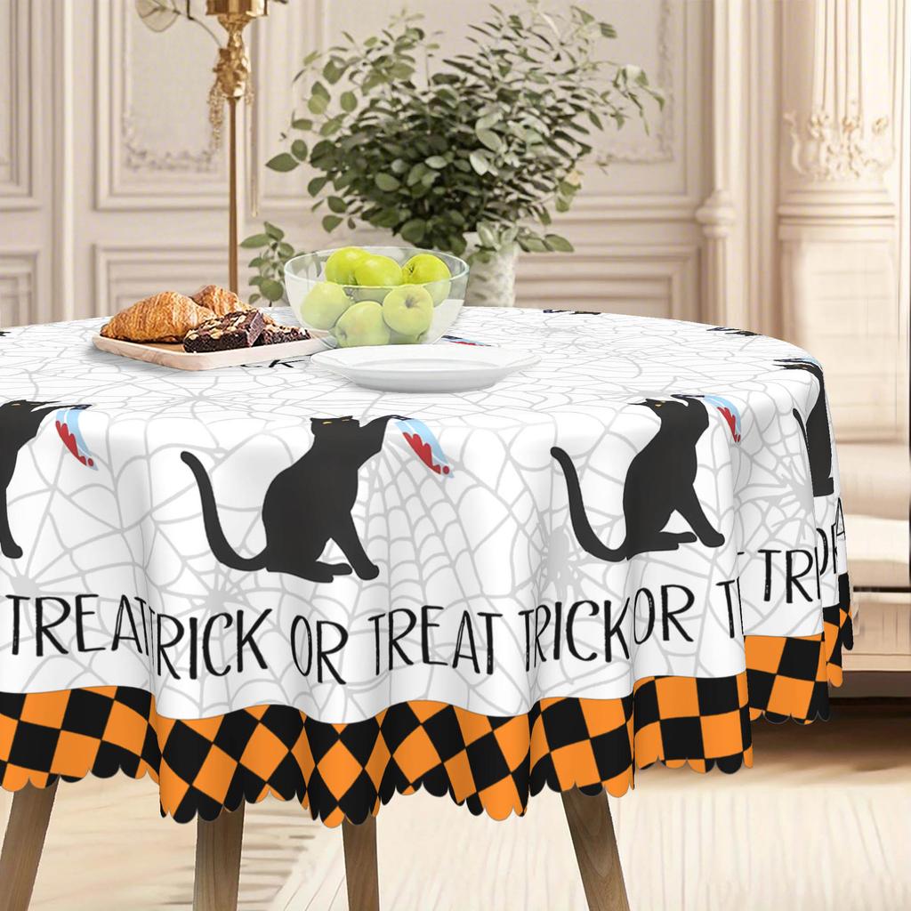 1 Halloween Orange And Black Tablecloth 60 Inches - Spider Web, Black Cat Pattern, Suitable For Long And Round Tables