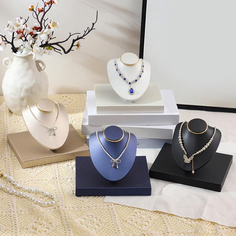 Necklace Display Bust Stand, Leather Covered Jewelry Display Stand with Angled Form and Square Base for Counter Showcase