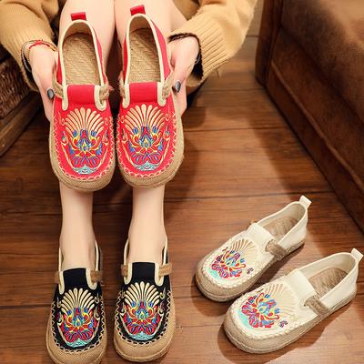 Tangchen Ayakkabı Bahar Kumaş Ayakkabı Kadın Etnik Stil İşlemeli Ayakkabı Yuvarlak Başlı Tembel Ayakkabı