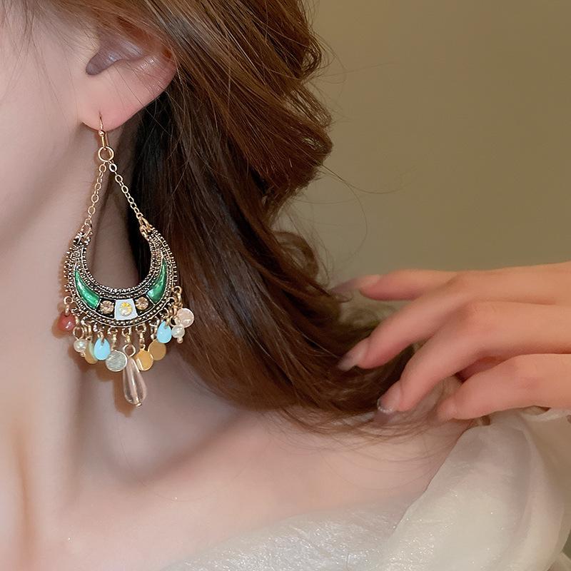 Bohemian Resin Diamond Moon Tassel Earrings - Retro Ethnic Style for Women
