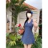 Bow Contrasting Color Plaid Neck Dress Women's Summer New Small Age-reducing Waist A-word Short Skirt