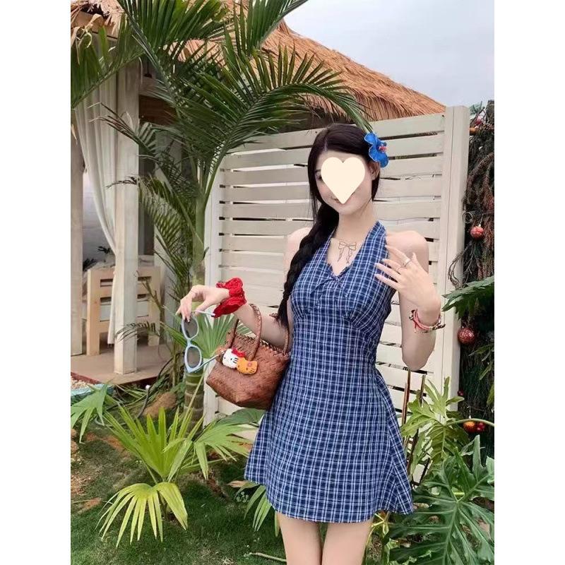 Bow Contrasting Color Plaid Neck Dress Women's Summer New Small Age-reducing Waist A-word Short Skirt