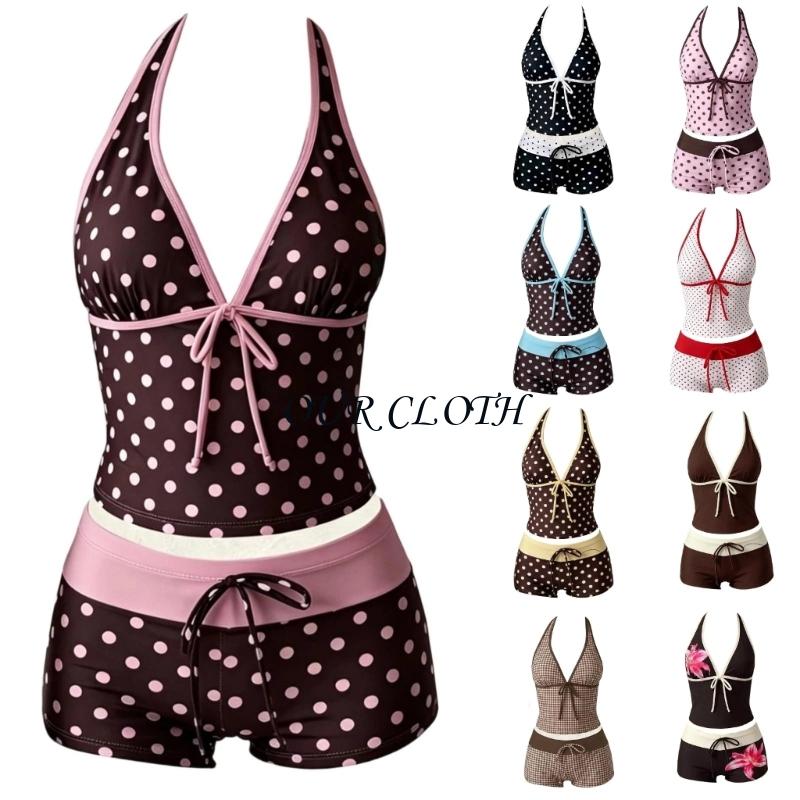Womens 2 Pieces Set Tankini Swimsuits with Shorts Vintage Beach Swimsuit Swimwear Vacation Outfit Y1AC