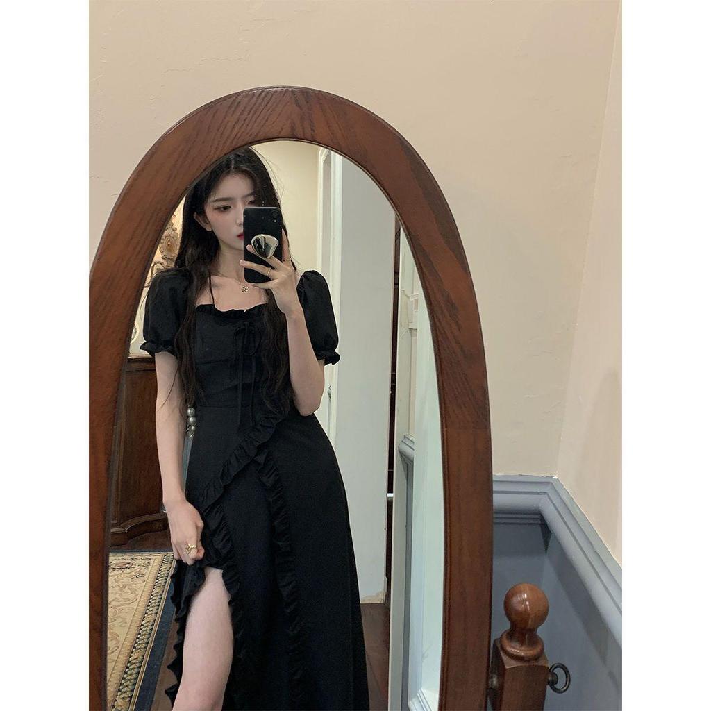 Summer 2024 French Lace Square Collar Slim Fit Slit Dress