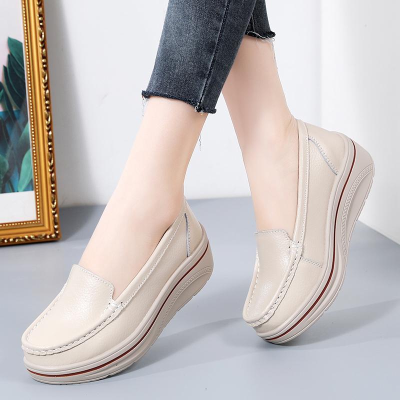 Women Fashion Platform Shoes Genuine Leather Casual Shoes Slip-on Loafers Breathable Walking Shoes 5 cm High