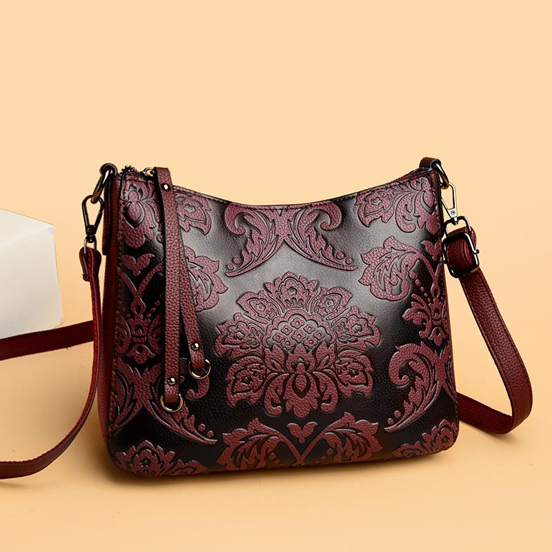 Chinese Style Women's Shoulder Messenger Bag Middle-aged Mother Soft Leather Embossed Hand Bag Retro Women's Pillow Bag