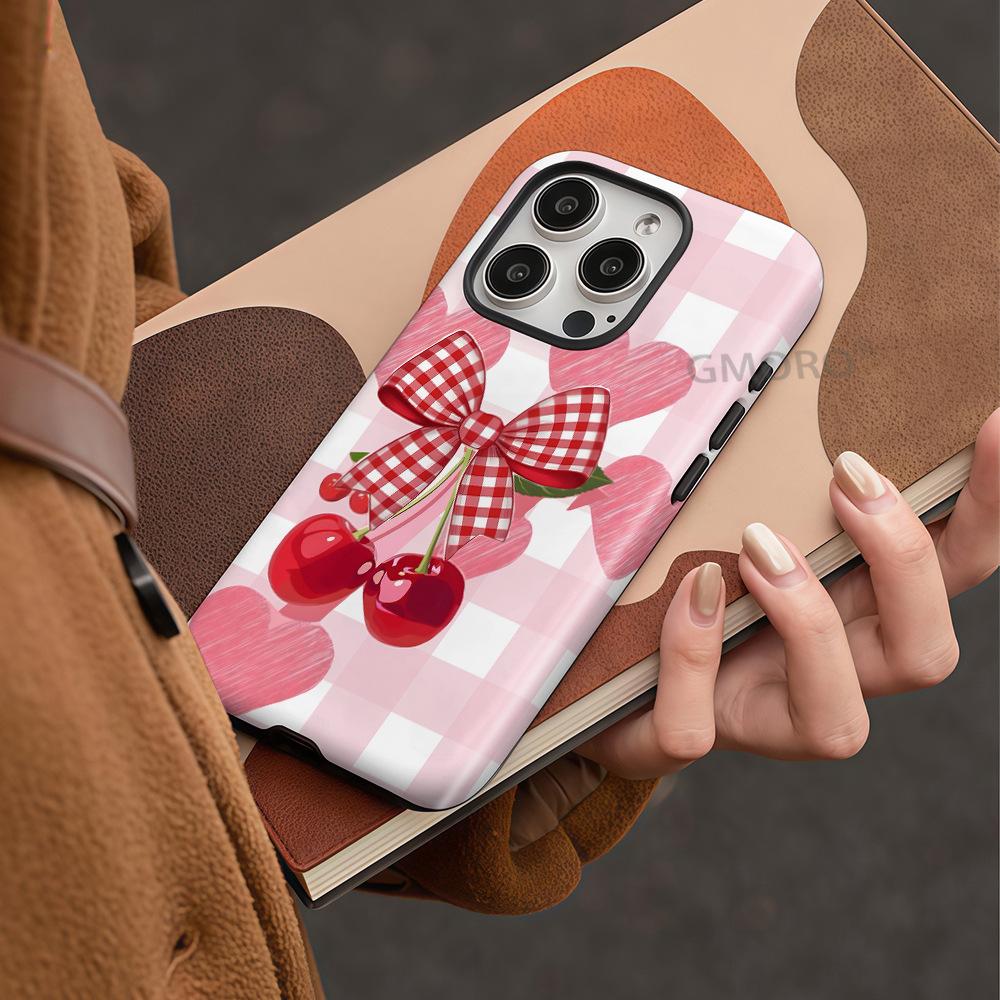 [Magsafe Magnetic Suction] Plaid Cherry Bow Film Case iP17PM Mobile Phone Case Apple 13 Protective Case