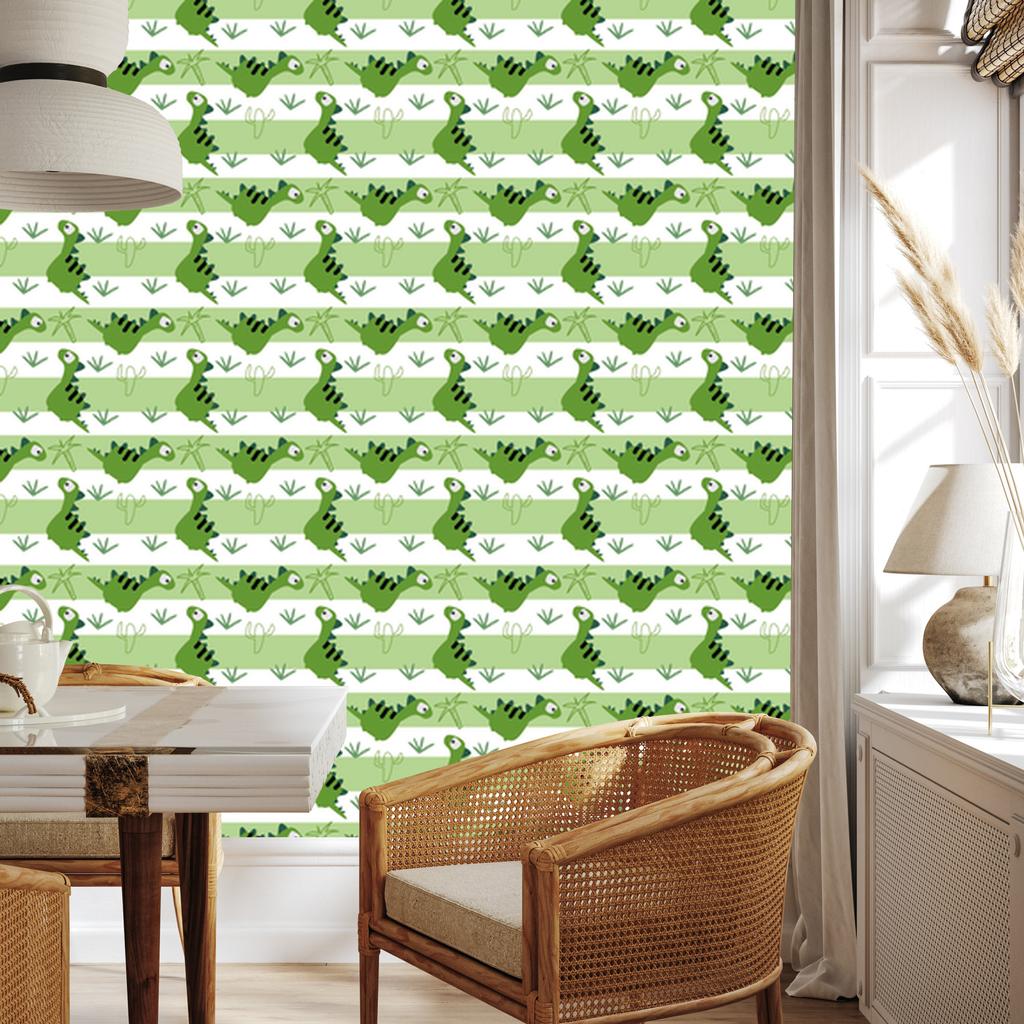 Dinosaurs Wallpaper In Green and Stripes for Living Room and Bedroom 50x1000