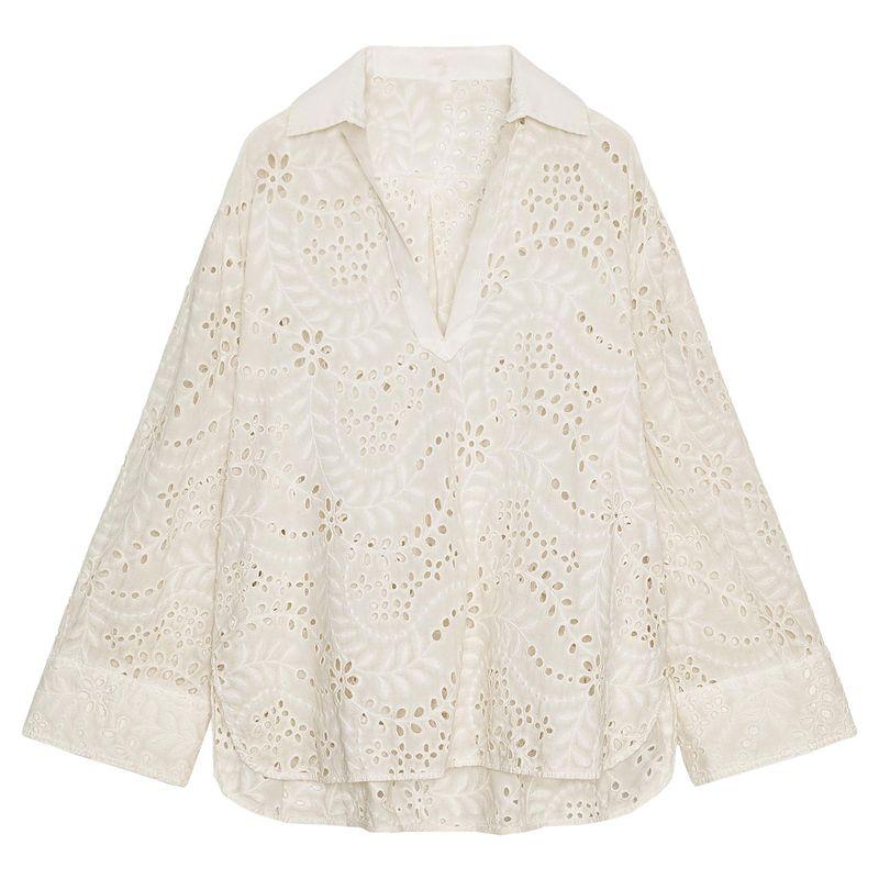 Zaprha 2025 Summer New French style Style Hollow Embroidery Thin Lapel V-neck Long sleeve Shirts 4786105