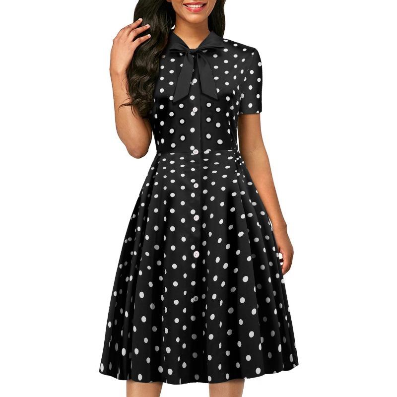 

Summer temperament women s bow V-neck short-sleeved printed retro pendulum dress XXL
