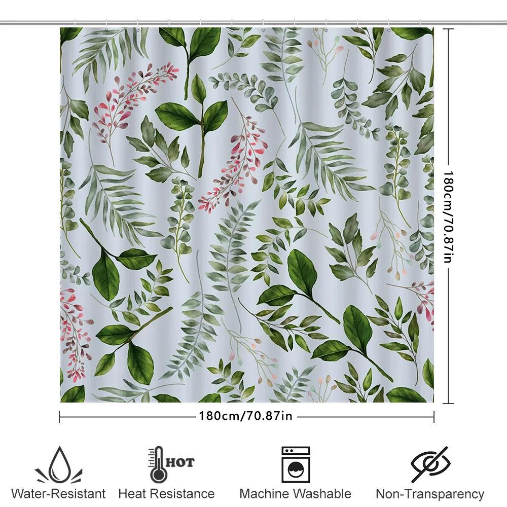 Green Plant Leaf Shower Curtain, Watercolor Floral Bath Mat Decor, Pink White Green Waterproof Fabric Curtain For Bathroom 60X72