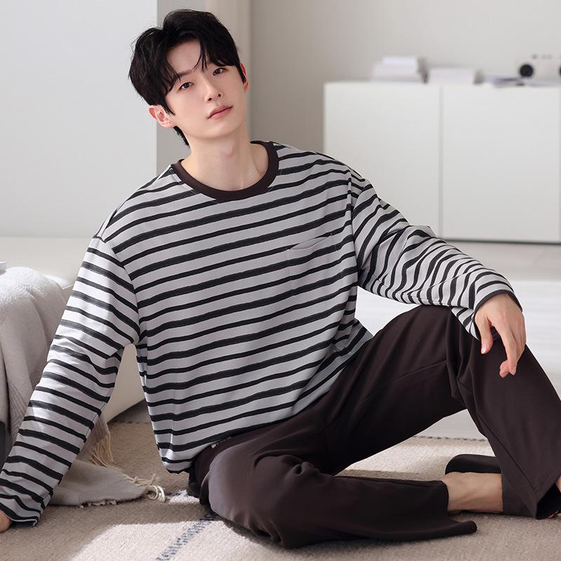 Pajamas Men'S Spring And Autumn Autumn Cotton Long Sleeve Casual Loungewear Autumn Men'S Crew Neck Large Size Two-Piece Set