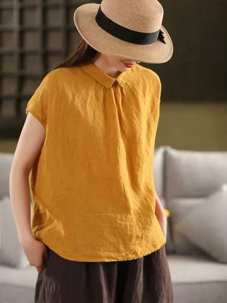 Johnature Women Vintage Summer  Shirts Solid Color Turn-down Collar Sleeveless Tops Casual Female Shirts