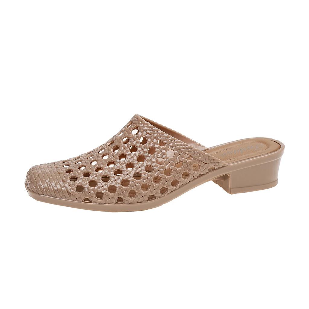 Fashion Women's Slippers 2025 Summer New Fashion PVC Hole Slippers Women's Beach Soft Hollow Middle High Heel Sliding Sandals Slippers