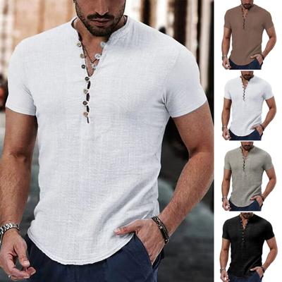 Men's Cotton Linen Shirt Casual Button Top Loose Fit Short Sleeve T-shirt Breathable Summer Clothes for Daily