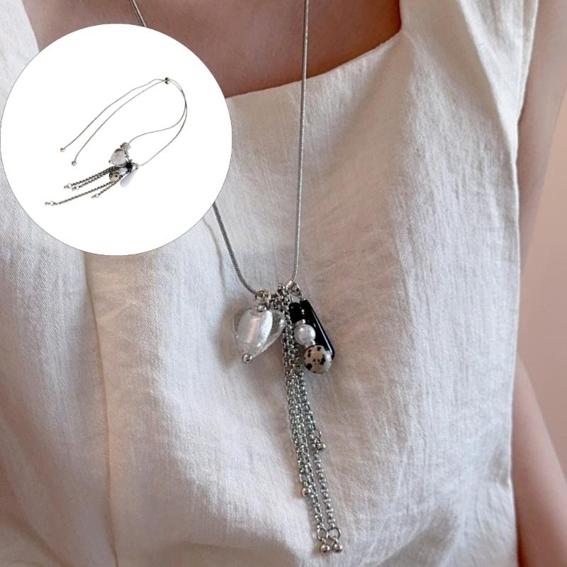 Adjustable Heart Pendant Necklace With Simulated Pearls Tassels Drop For Women French Colored Glaze Agate Stone Jewelry
