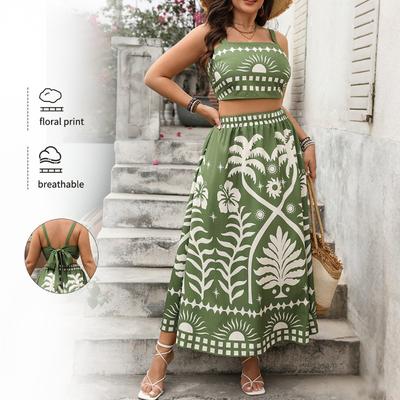 Spring Summer Women's Leisure Holiday Print Halter Top Skirt Set