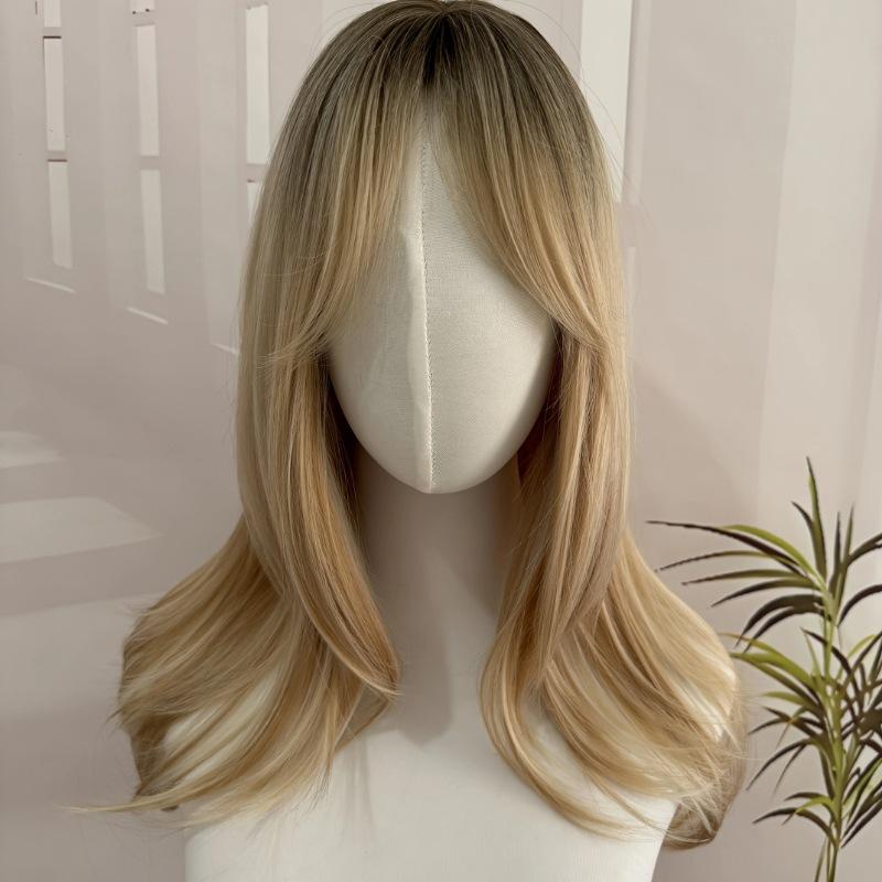 Women Medium Length Wave Hair with Bangs Synthetic Golden Brown Blonde Wigs Heat Resistant Fibre for Daily Cosplay