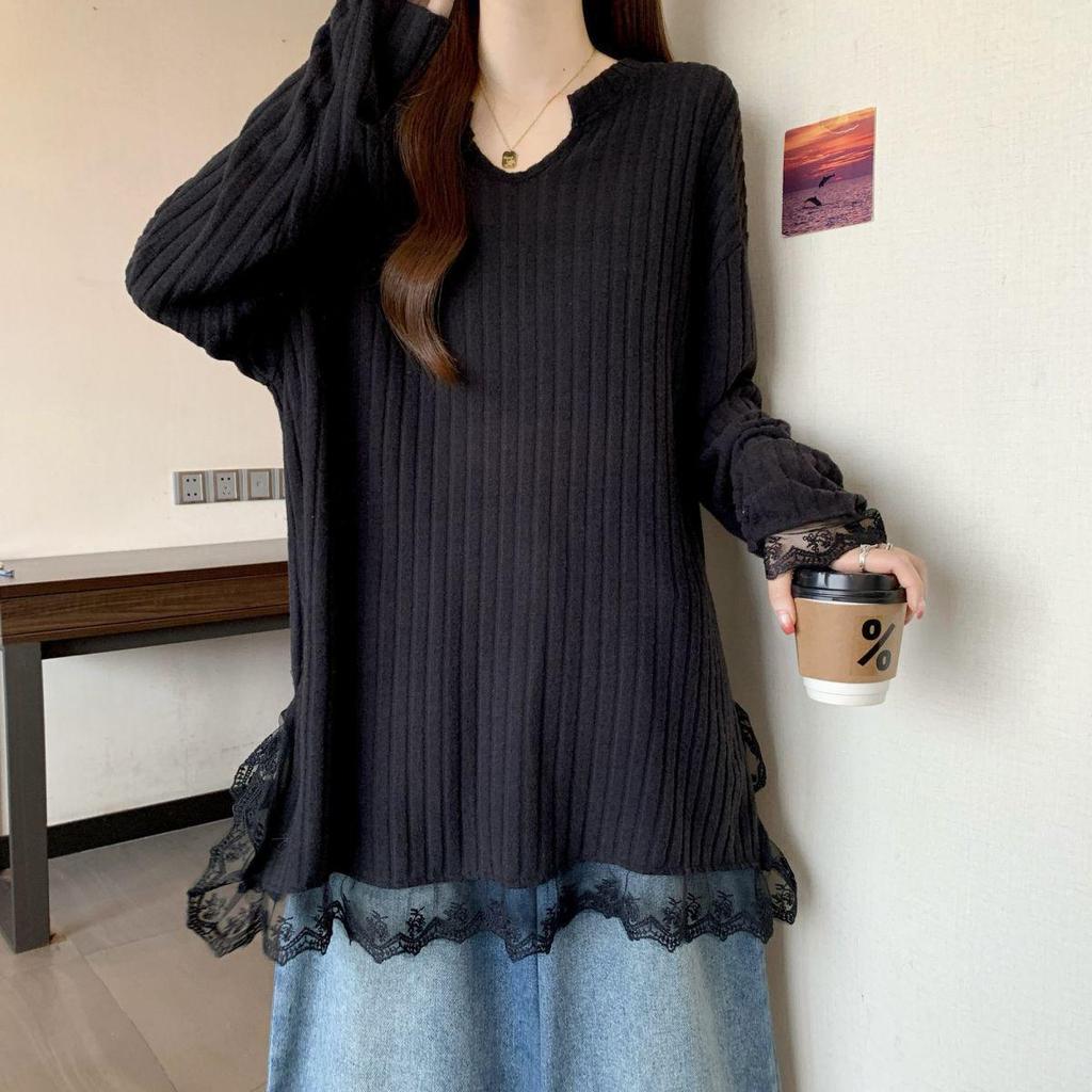 Women's Plus Size V-Neck Lace Hem Long Sleeve Loose T-Shirt – Spring Fashion