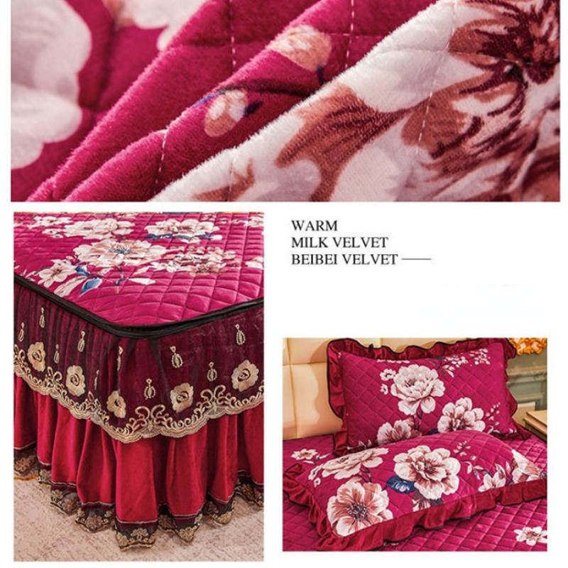 High Grade Winter Crystal Velvet Thicken Quilted Bedspread King Queen Size Flannel Quilting Bed Skirt Including Pillowcase