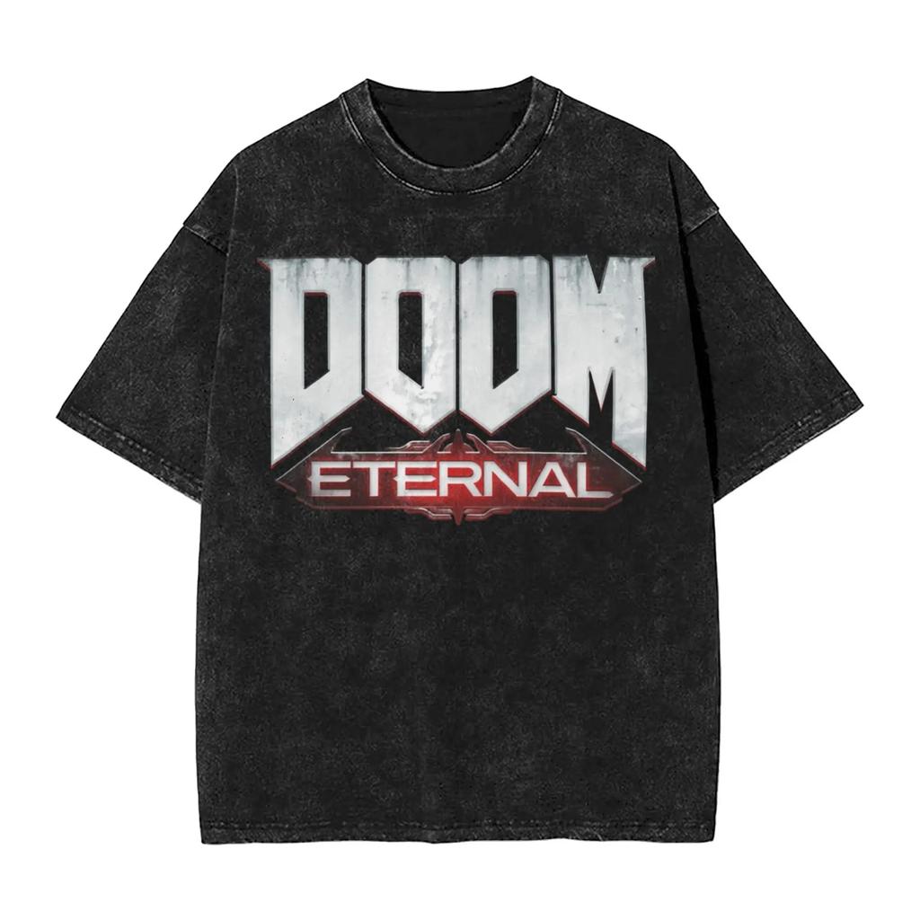 Ciemna Koszulka Oversize z Efektem Sprania Streetwear Yk Doomguy Dooms Eternal Slayer Cacodemon Koszulki Mężczyźni Kobiety Bawełna Graficzny Nadruk