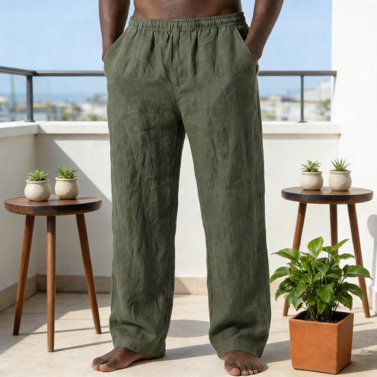 Men Linen Casual Pants Breathable Loose Fit Summer Trousers Solid Color Holiday Pants for Travel Beach Vacation