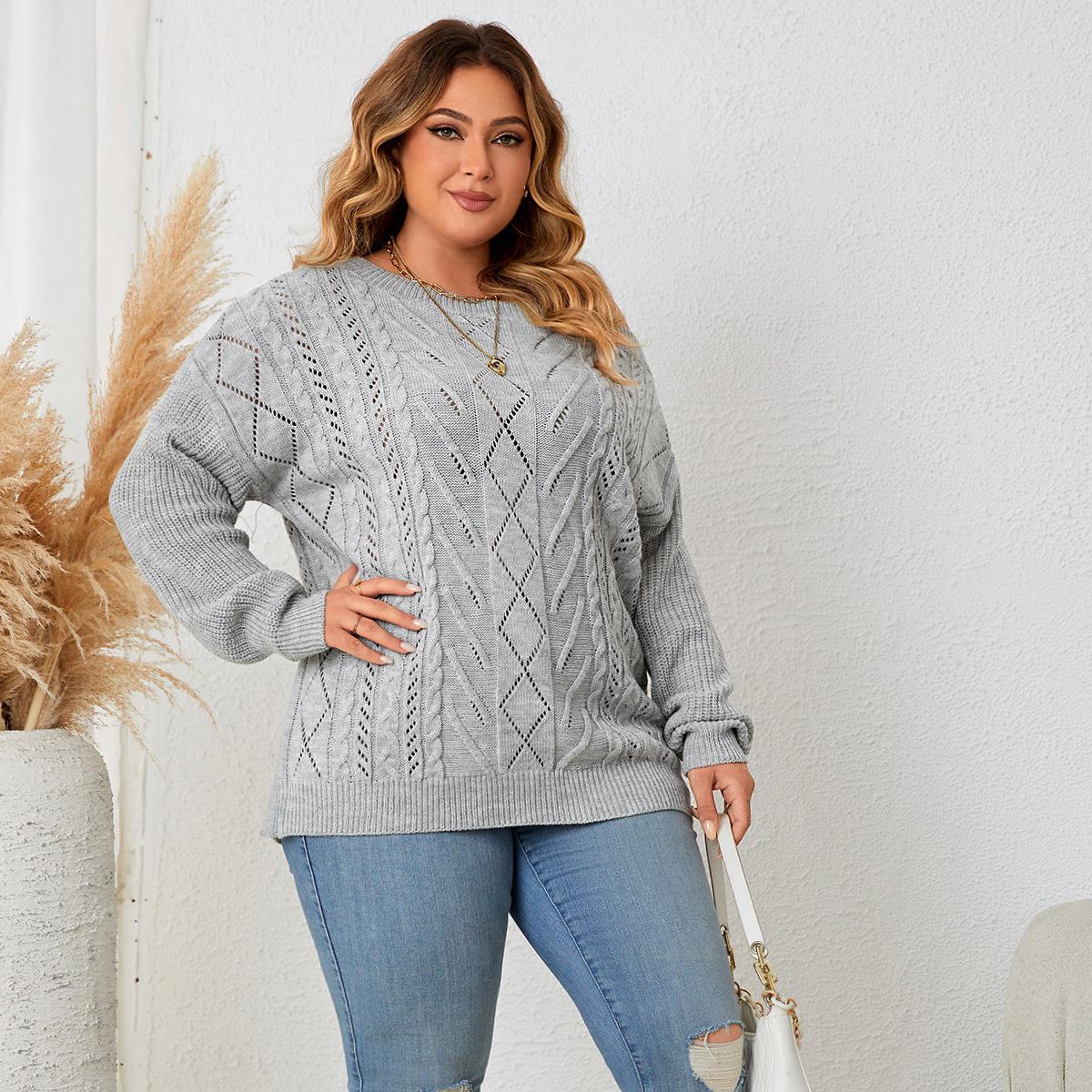 

Женский свободный вязаный свитер с круглым вырезом и длинным рукавом с вырезом на плечах, вязаный полый повседневный свитер, мягкий удобный легкий пуловер плюс топ 2XL серый