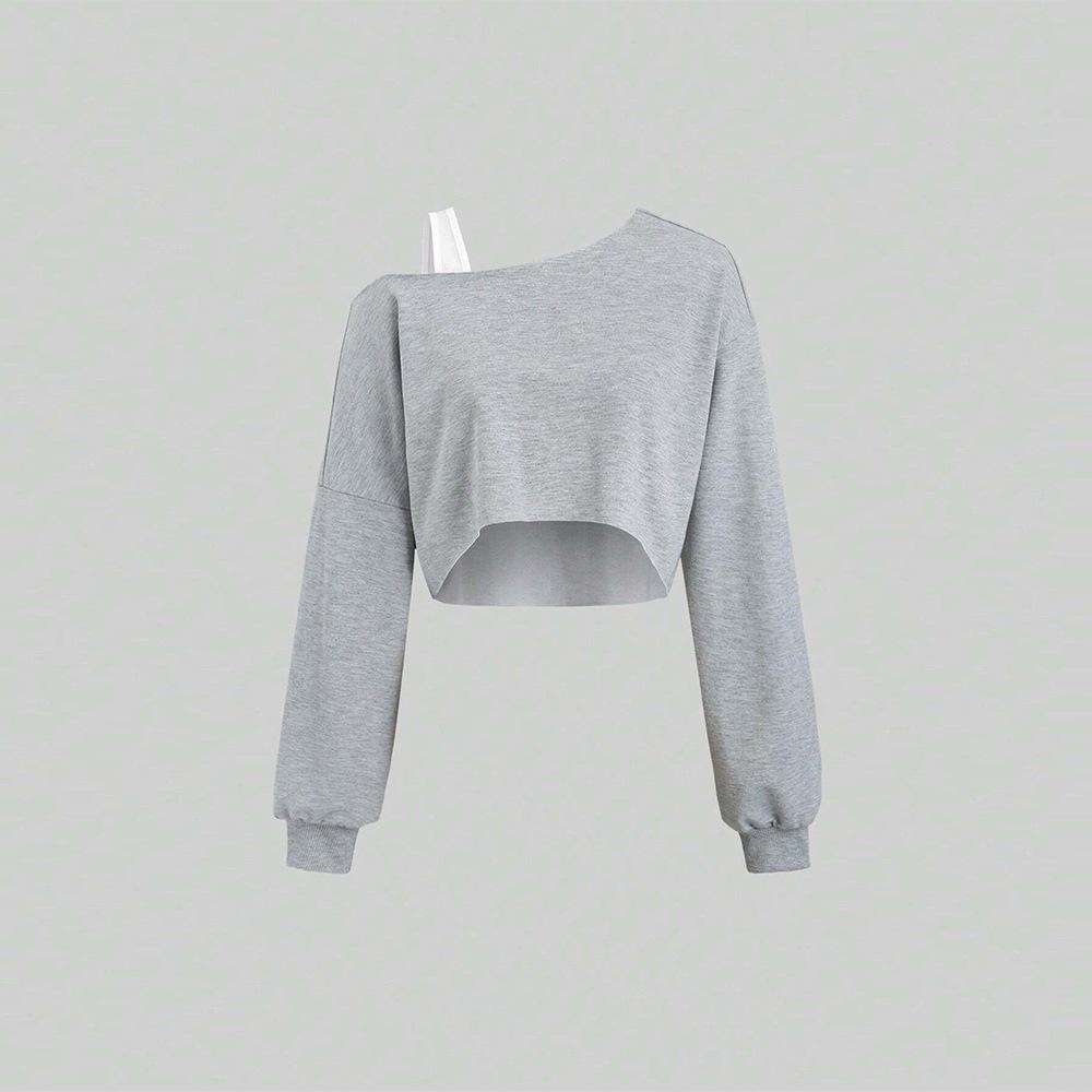 New Women'S Trendy Sports T-Shirt Autumn/Winter Irregular Diagonal Collar Long Sleeve Top