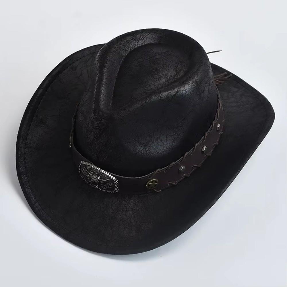 Faux Leather Cowgirl Hat Studded Bullhead Jazz Hat Trendy Sombrero Hat For Men Women