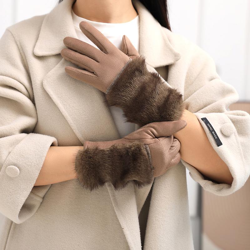 Korean Two-color Imitation Rabbit Fur Gloves Women Imitation Suede Warm Full Finger Gloves Touch Screen Windproof Riding Gloves