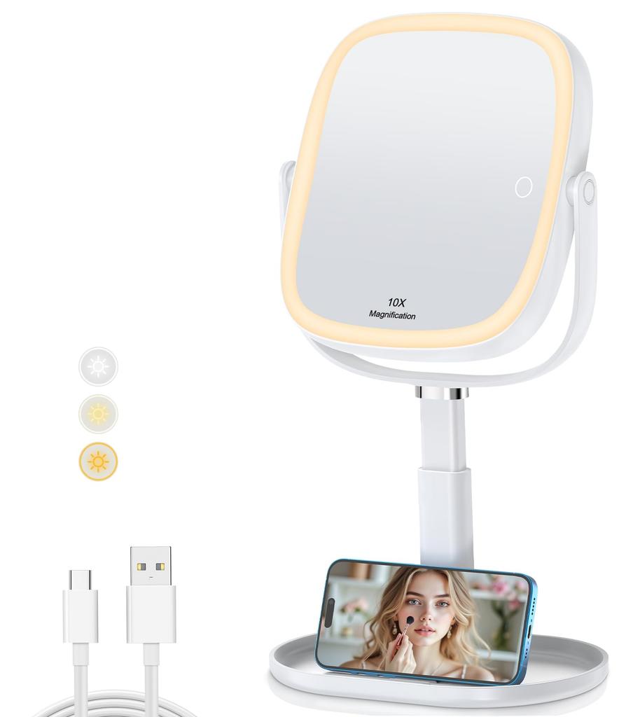 XXZU Makeup Actress LED Magnifying Stand 3000mAh High Capacity Height Stepless 3 Color Storage Base for Convenient Storage Mirror, Tabletop, Mirror,