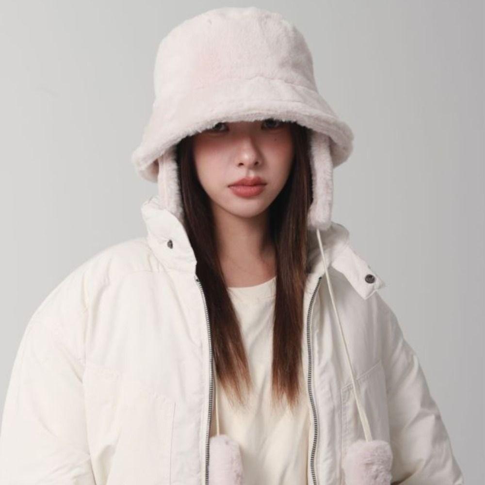 Solid Color Winter Fisherman Hat Anti-cold Plush Bucket Cap Ushanka Plush Panama Hat Outdoor