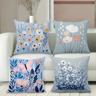 Blumenmuster Blaue Kissen Für Heimdekoration Polyester-Kissenbezug, Sofa Dekokissenbezug Kopfteilkissen