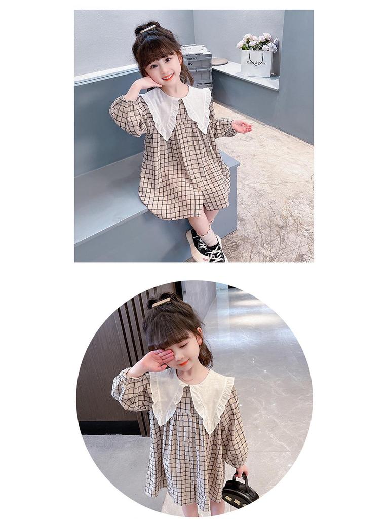 Spring Collection: Girls' Long-Sleeve Plaid Princess Dress In Cotton Linen.