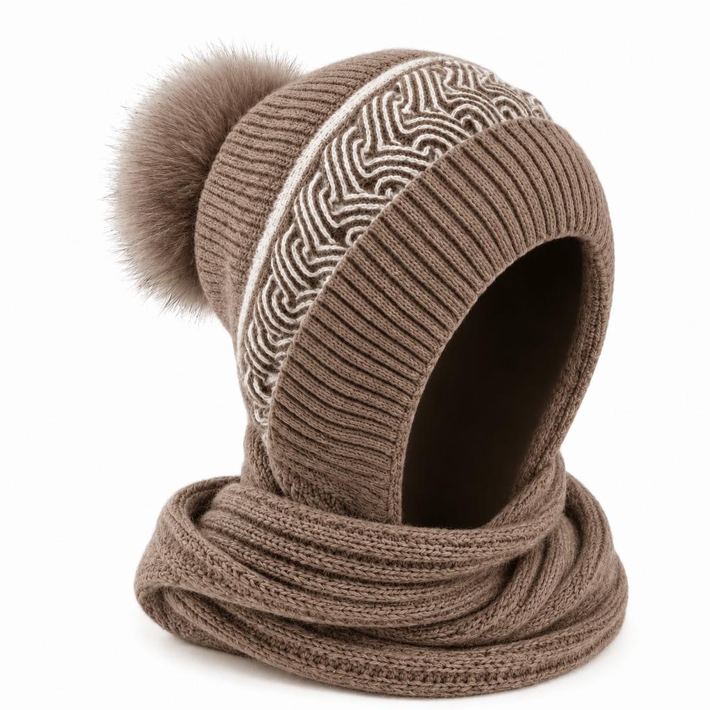Women' Winter Hooded Hat with Scarf & Pom Pom - Ear-Covering Snood, Geometric Pattern Warm Hat Suitable for Skiing