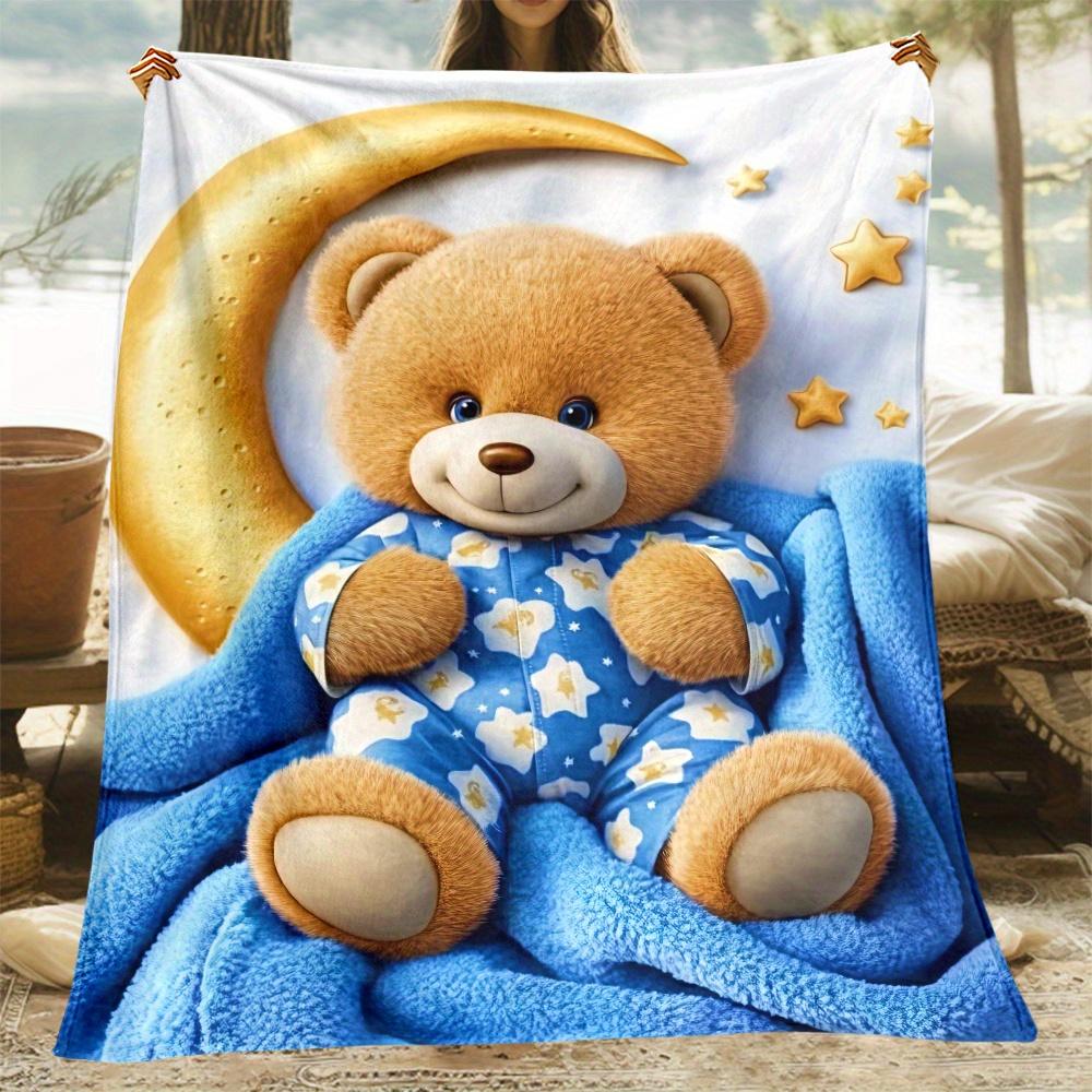 Adorable teddy bear moon stars baby blue pajamas flannel blanket cute nursery decor infant bedding cozy sleeping blanket child 75x100cm