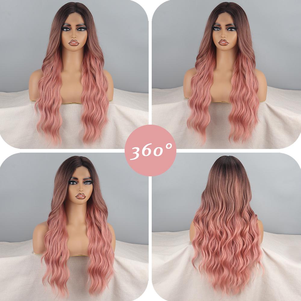 XINRAN Women Long Wavy Ombre Pink Wig Without Bangs Synthetic Fiber Natural Wavy Lace Front Cosplay Daily Wear Wig