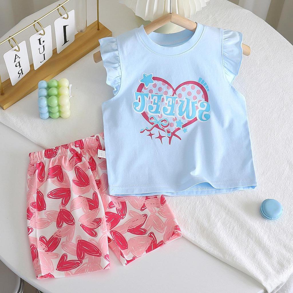 Girls' Summer Flutter Sleeve Top & Shorts Set - Korean Style Two-Piece Children's Outfit