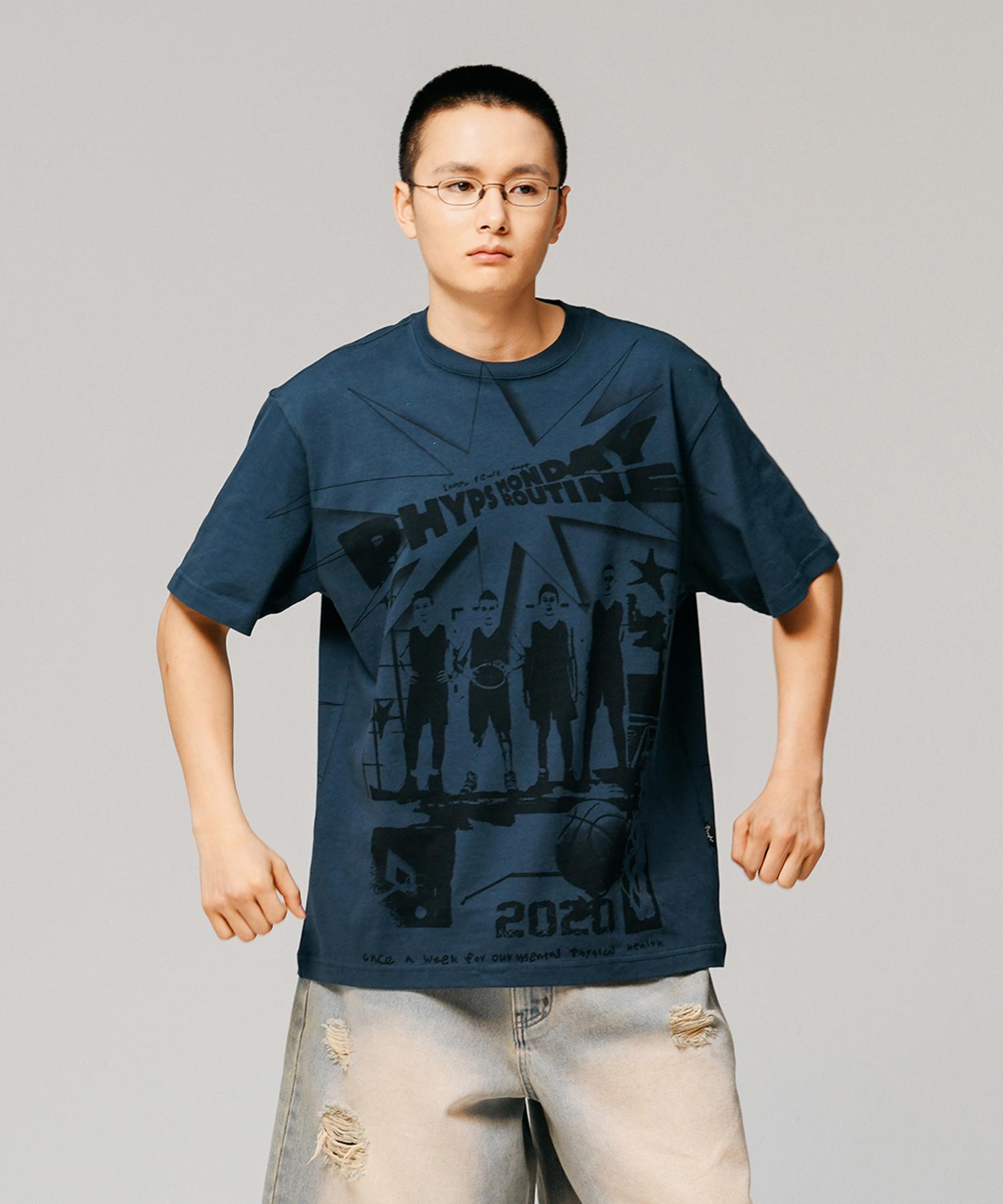 Physical Department Cartoon Basketball Short Sleeve T-Shirt Indigo Blue Indigo Blue/S