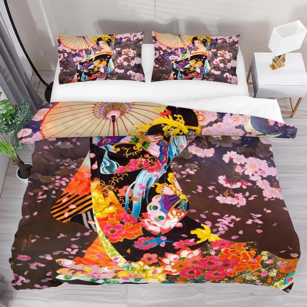 Japanese Geisha King Queen Duvet Cover Red Woman Bedding Set For Kids Teens Adults Koi Fish Eastern Culture 2/3Pcs Quilt Cover
