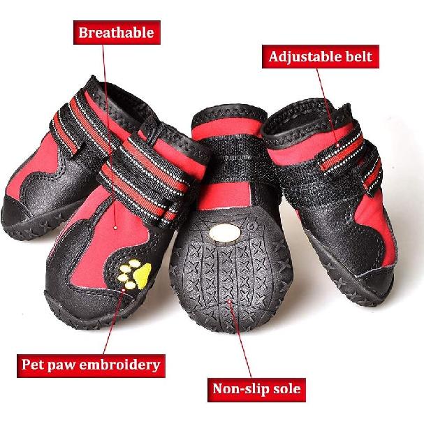 CovertSafe& Dog Boots for Dogs Non-Slip, Waterproof Dog Booties for Outdoor, Dog Shoes for Medium to Large Dogs 4Pcs with Rugged Sole Black-Red